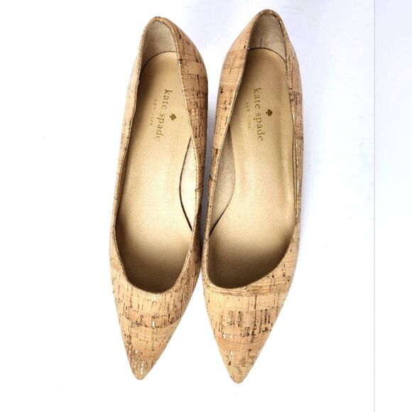 Kate Spade Aerial Block Heels Pointed Toe Cork Gold Flecked Tan Pumps Size 8.5M - Picture 3 of 8